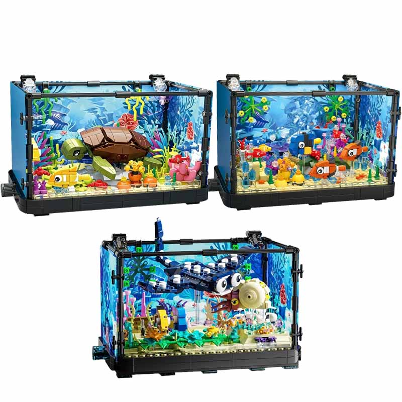Aquarium Fish Marine - Set Blok Bangunan Akuarium dengan Lampu,
